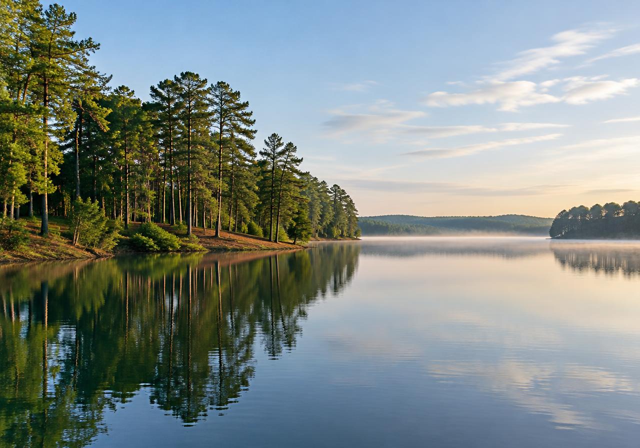 Calm lake with pine-lined shoreline (representative image of a Piedmont lake)